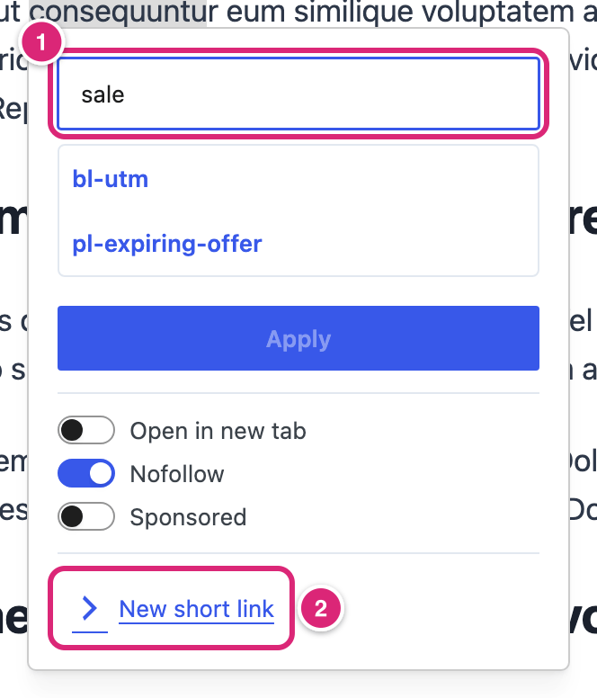 The Short link box in the block editor with sale typed in the search field and two short links listed, marked: 1 the Search short links field, 2 New short link, which opens the form to create a link