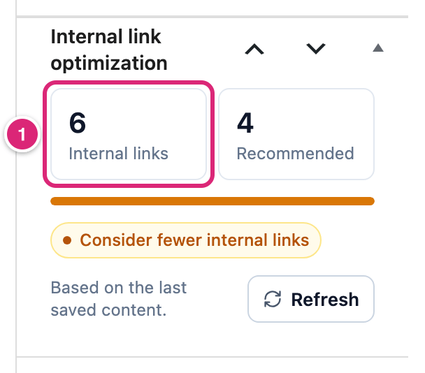 The Internal link optimization box in the block editor's Settings sidebar, marked: 1 the Internal links count, 6, next to Recommended, 4, with the status Consider fewer internal links below