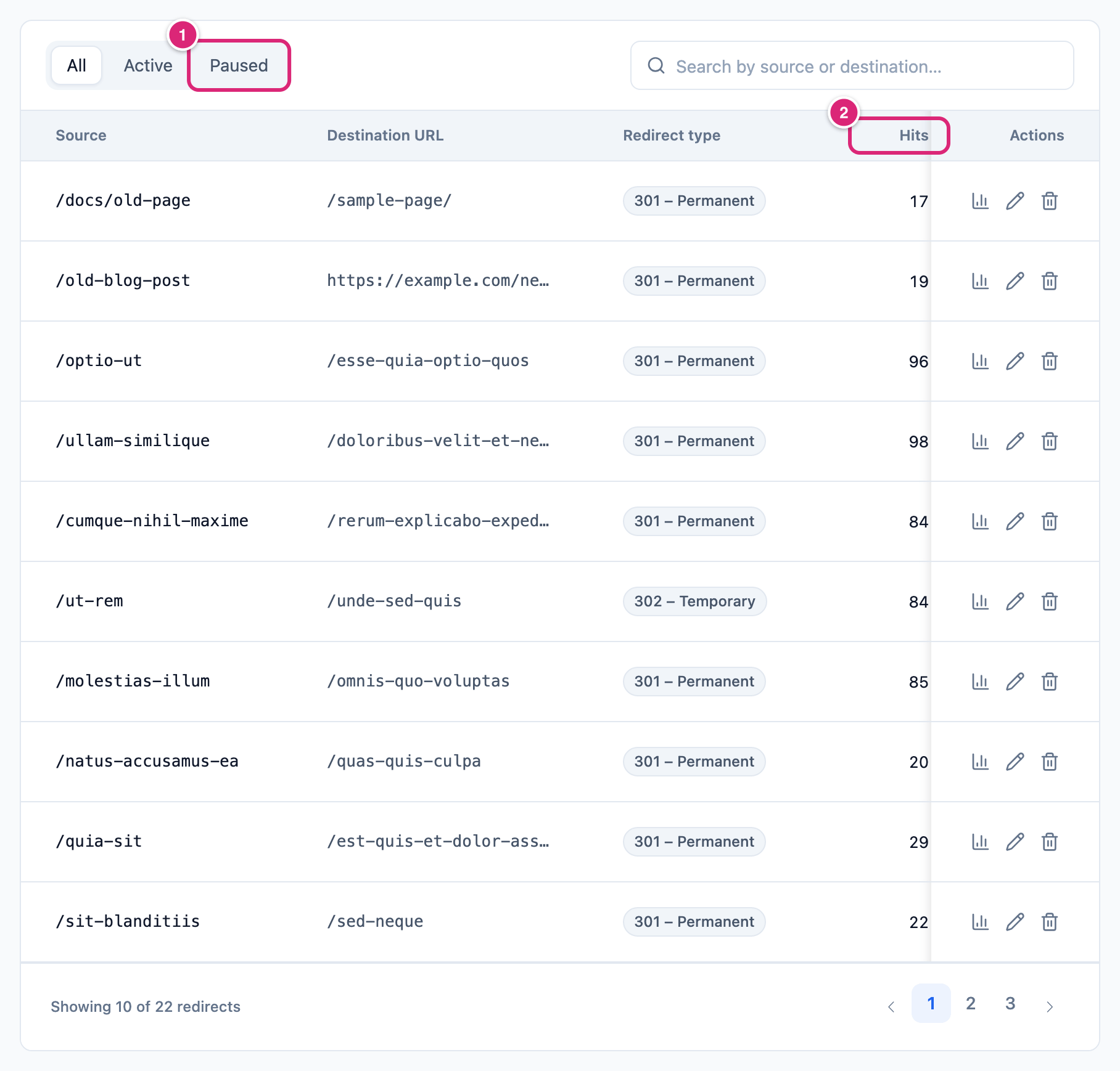 The Redirects list with the first 10 of 22 redirects, marked: 1 the Paused tab, 2 the Hits column