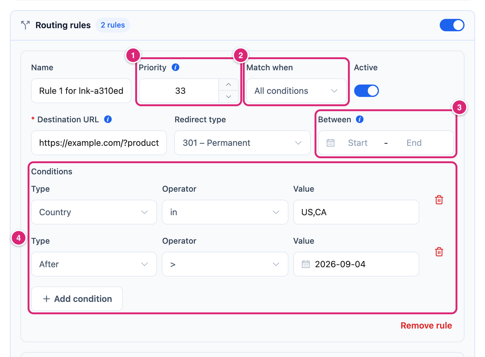 The Routing rules group of the Edit short link dialog with its first rule, marked: 1 Priority, 2 Match when, 3 Between with Start and End still empty, 4 the conditions of this example rule
