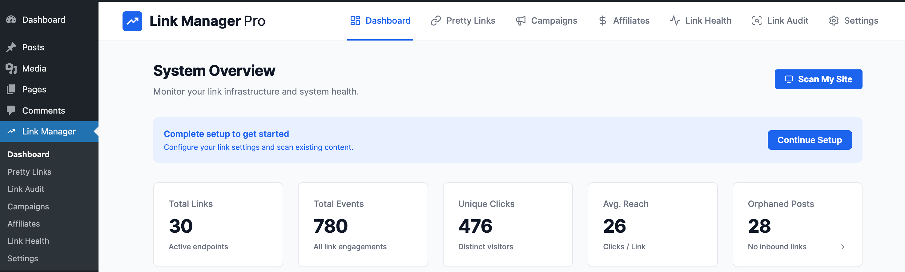 Link Manager Pro admin sidebar menu showing Dashboard, Pretty Links, Link Audit, Campaigns, Affiliates, Link Health, and Settings