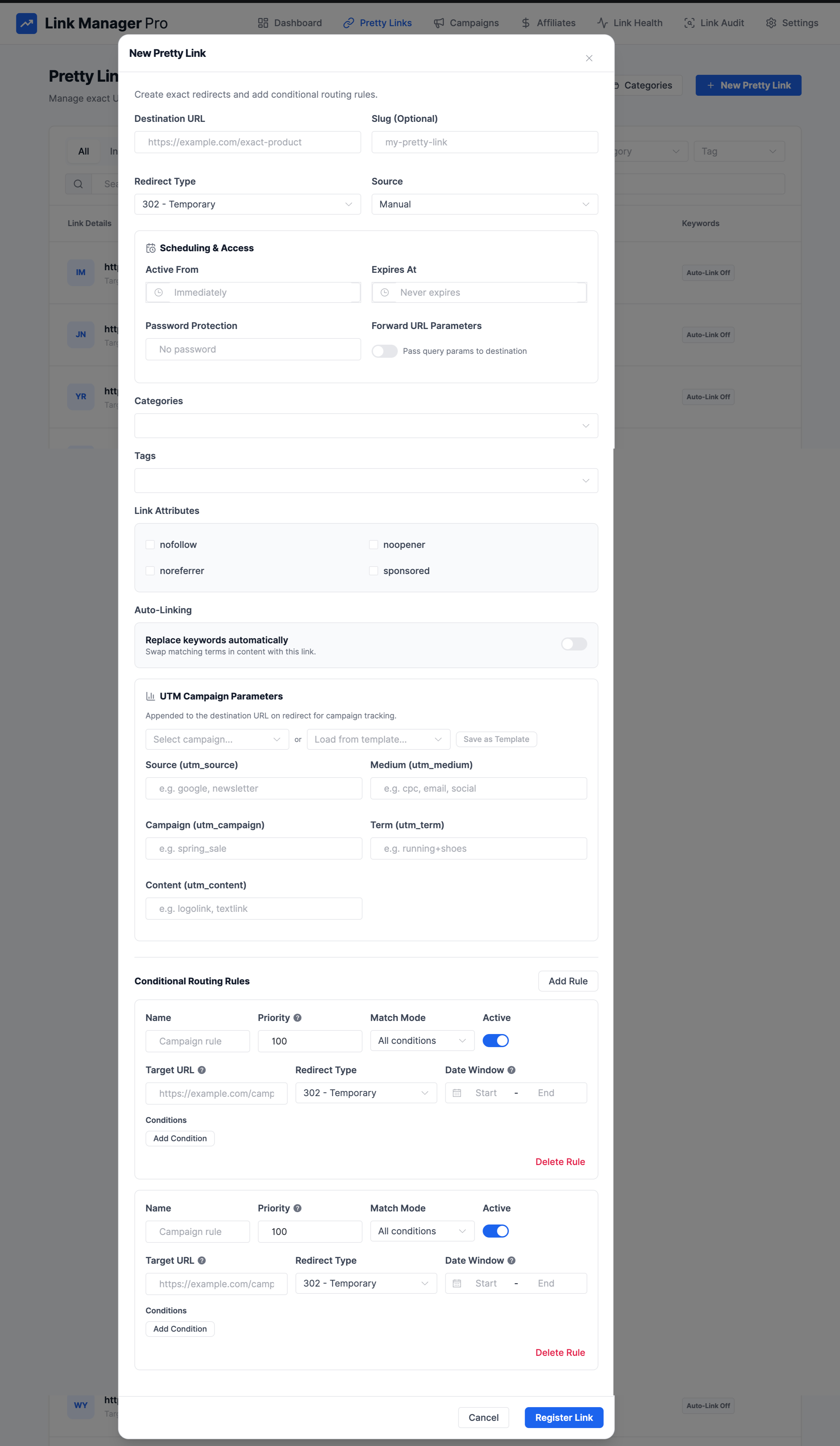 Link Manager Pro create new masked redirect link form