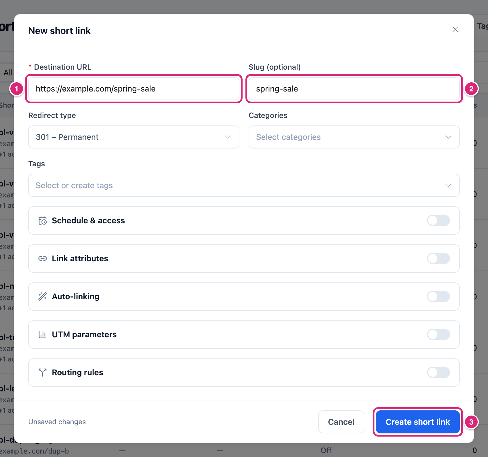 The New short link dialog in WordPress with a destination and slug filled in, marked: 1 Destination URL, 2 Slug (optional), 3 Create short link