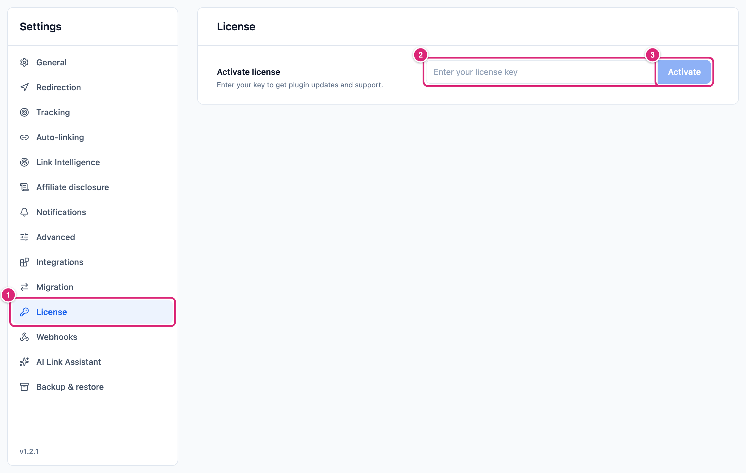 The License tab of Link Manager Pro settings before a key is added, marked: 1 the License tab in the settings menu, 2 the Enter your license key field, 3 the Activate button, grayed out while the field is empty