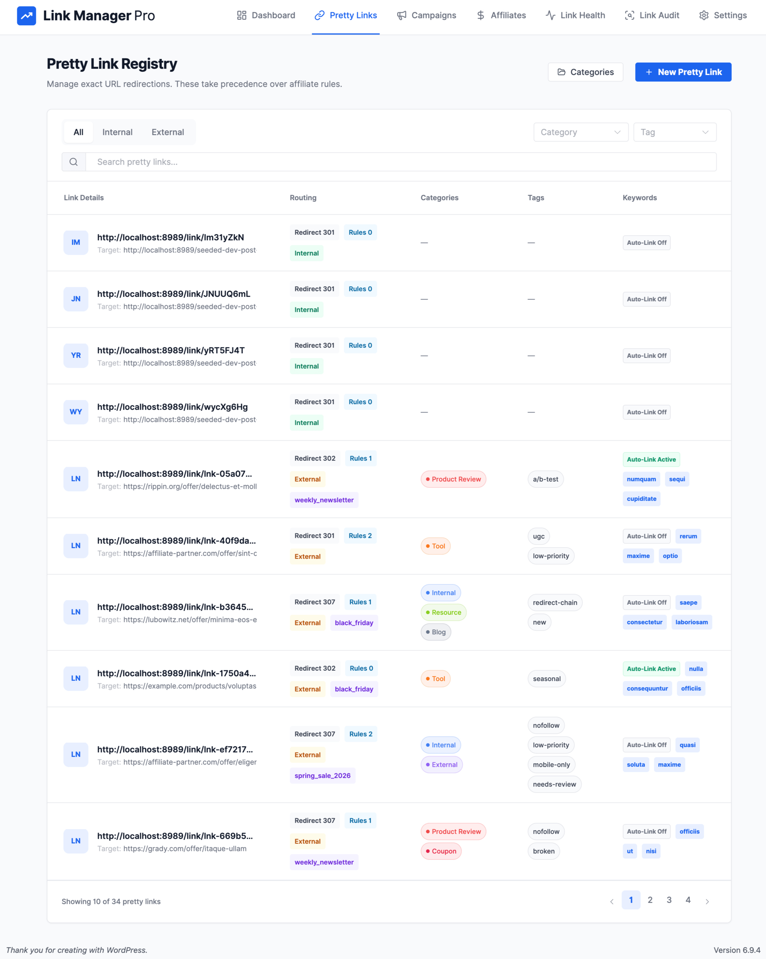 Link Manager Pro Pretty Links list showing masked URLs, redirect types, and click counts