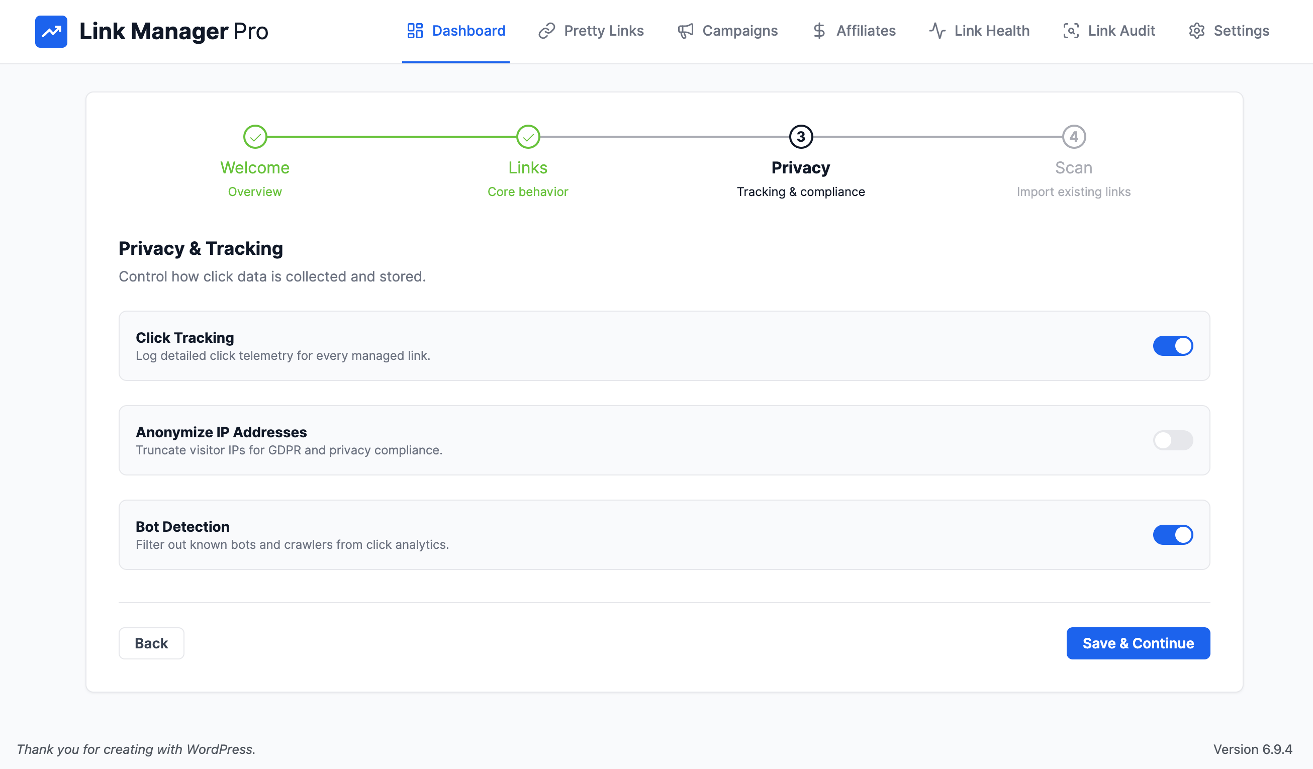 Link Manager Pro onboarding wizard privacy and tracking settings