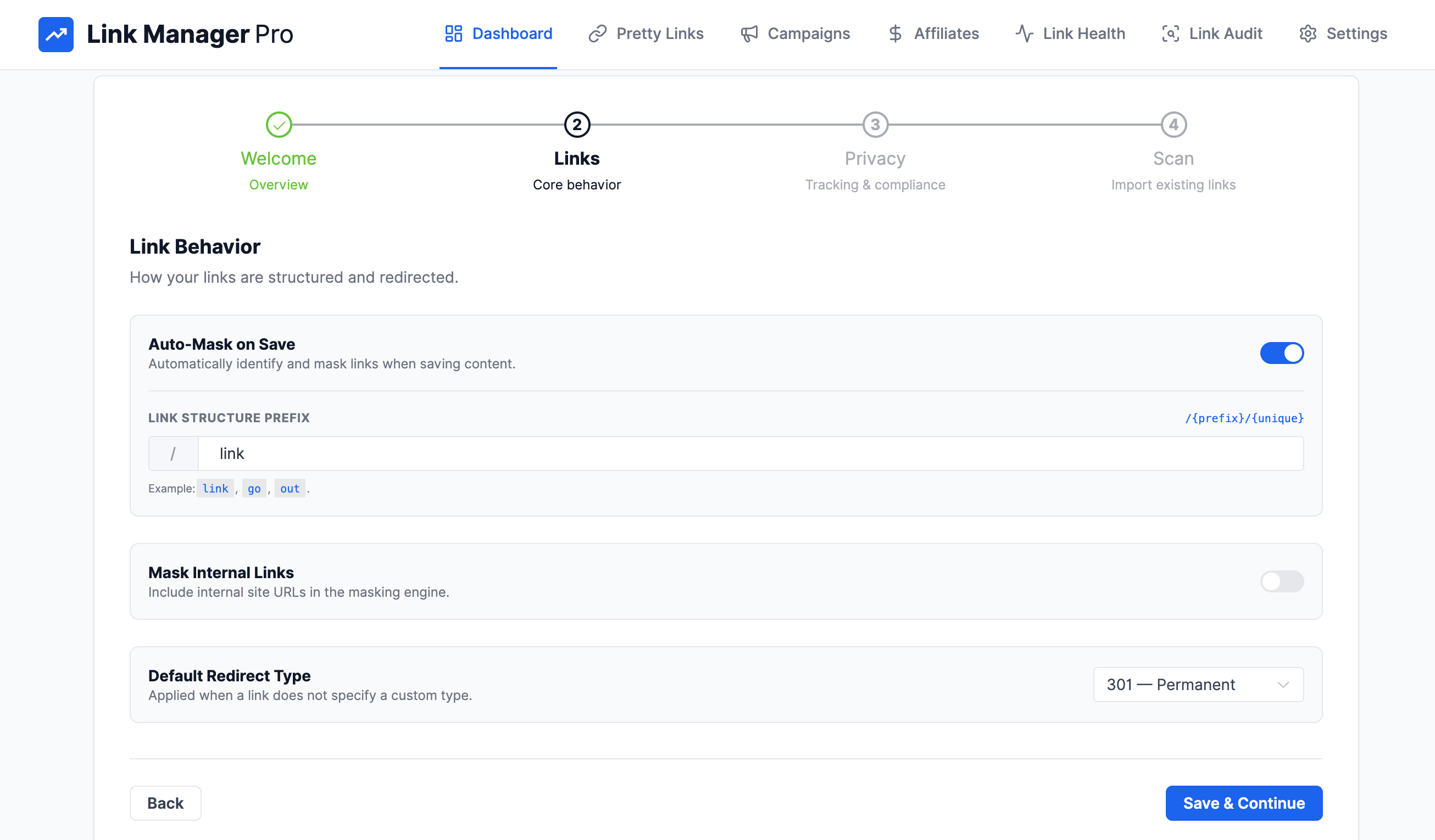 Link Manager Pro onboarding wizard link settings configuration