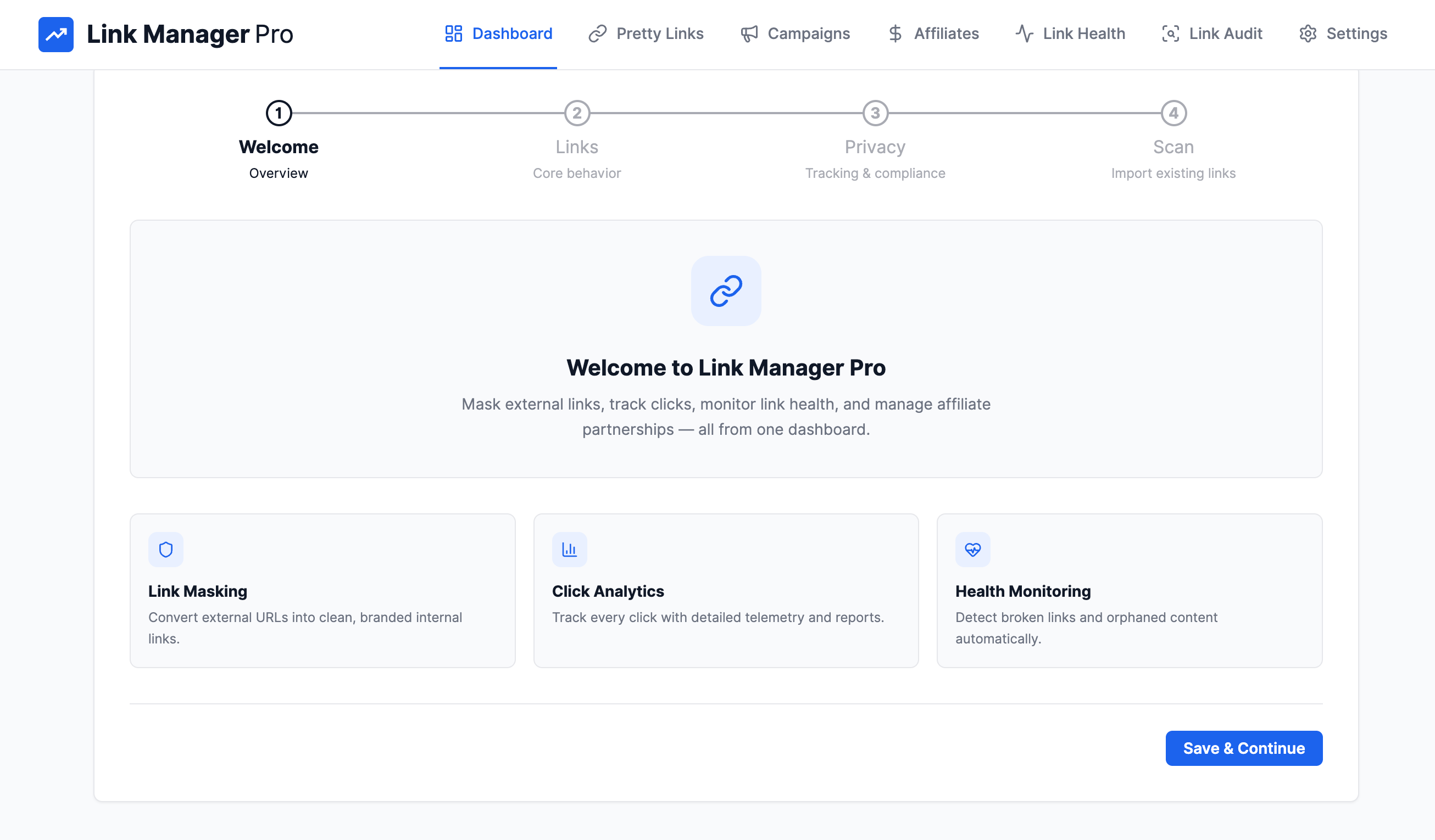 Link Manager Pro onboarding wizard welcome screen