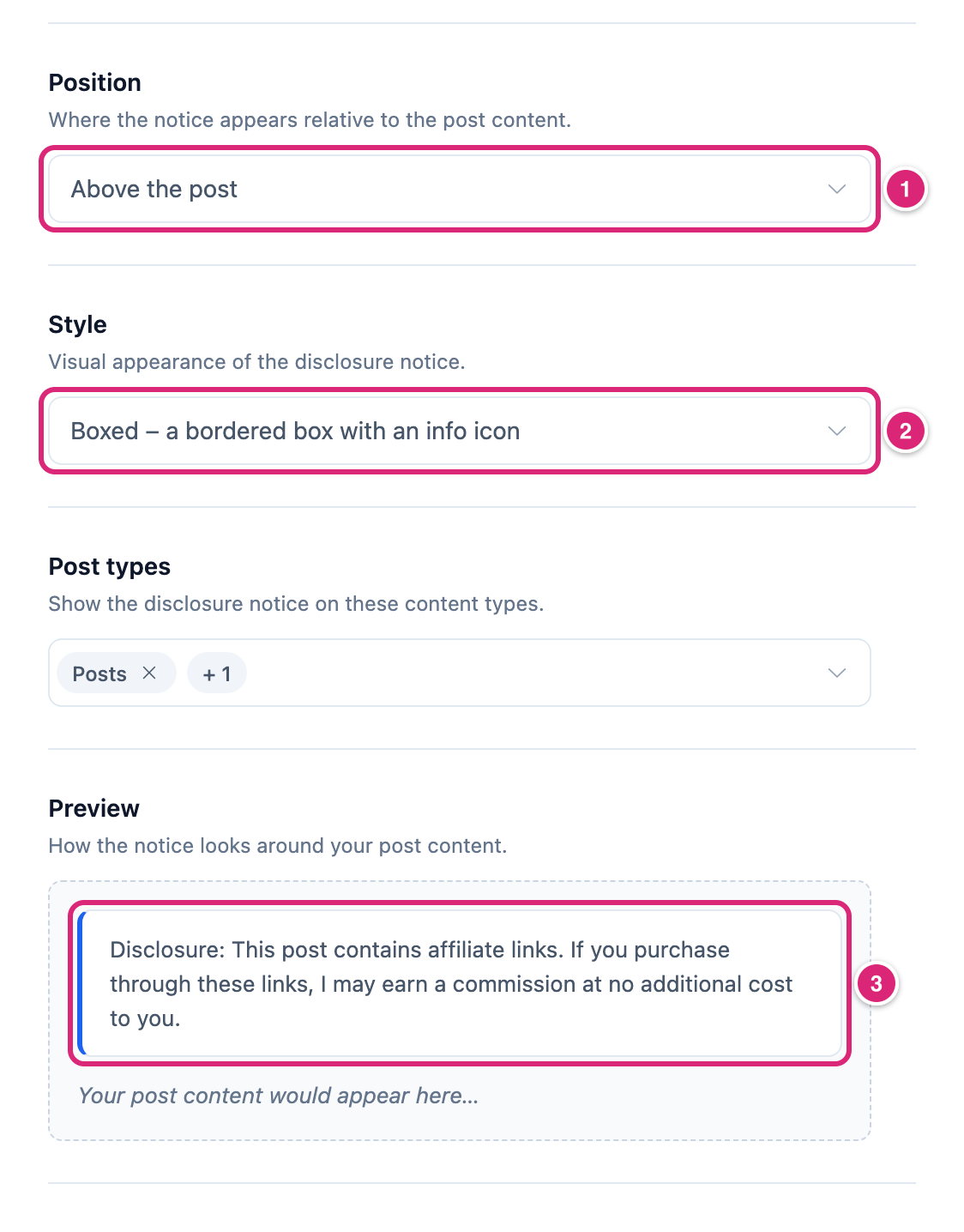 The affiliate disclosure settings in WordPress with Affiliate disclosure switched on but not saved, marked: 1 Position set to Above the post, 2 Style set to Boxed, 3 the Preview of the disclosure text
