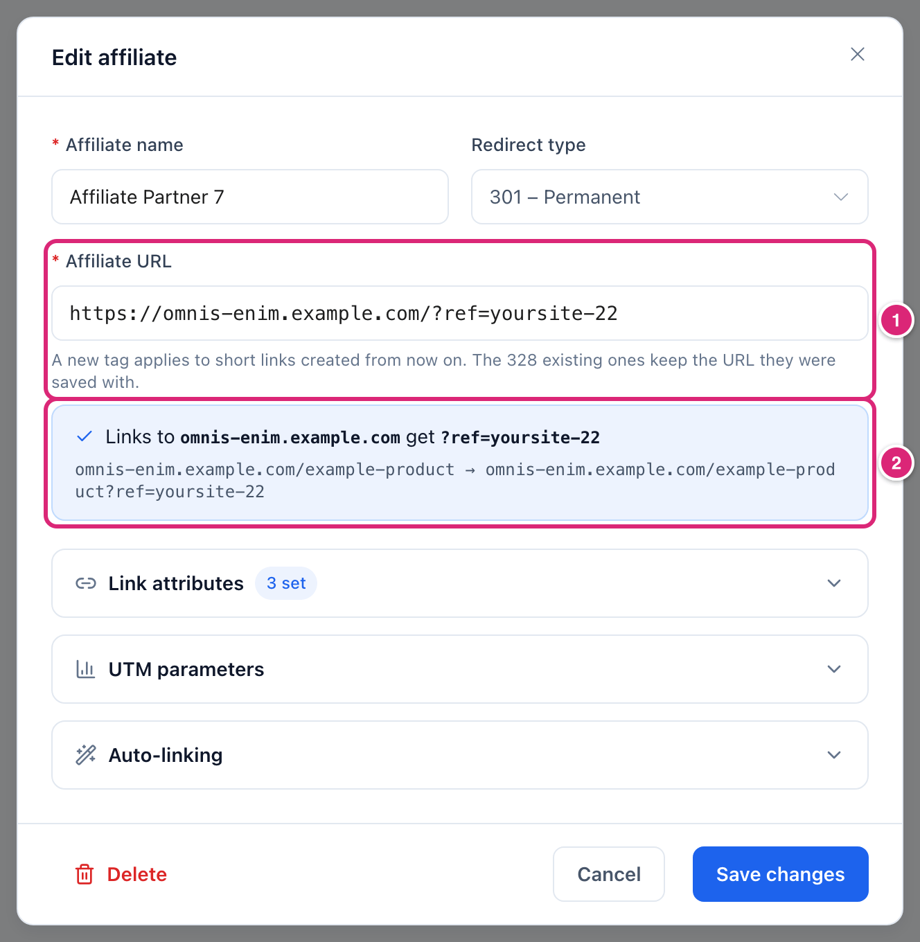 The Edit affiliate dialog for an example partner, marked: 1 the Affiliate URL field with a new ref tag and the line saying the 328 existing links keep their URL, 2 the line saying links to the domain get the new tag