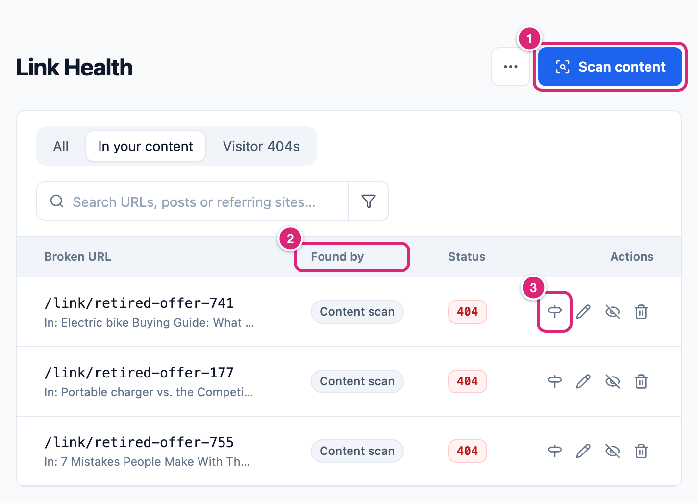 Link Health In your content tab listing broken addresses on the site found in posts, marked: 1 the Scan content button, 2 the Found by column, 3 the Fix with a redirect icon on the first row