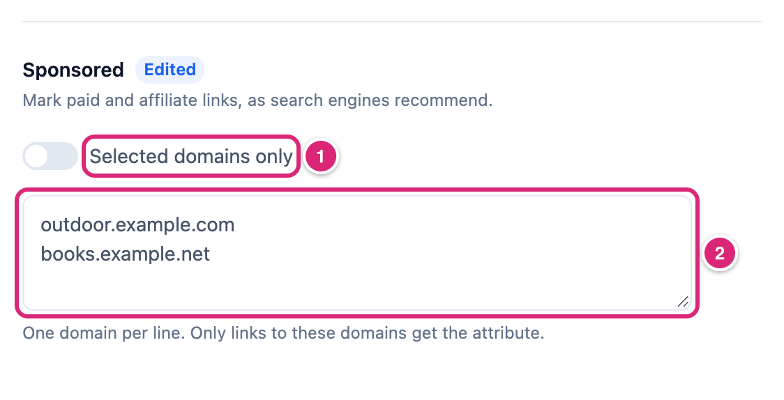 The Sponsored row in Link Manager Pro's Redirection settings with the switch off, marked: 1 Selected domains only, 2 the domain list with outdoor.example.com and books.example.net on their own lines