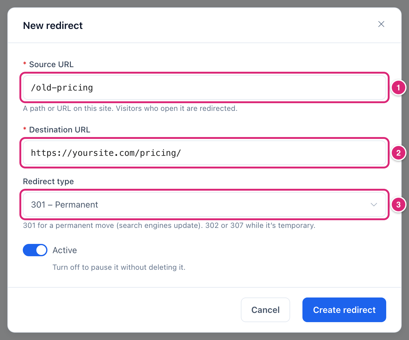 The New redirect dialog with /old-pricing sent to https://yoursite.com/pricing/, marked: 1 Source URL, 2 Destination URL, 3 Redirect type set to 301
