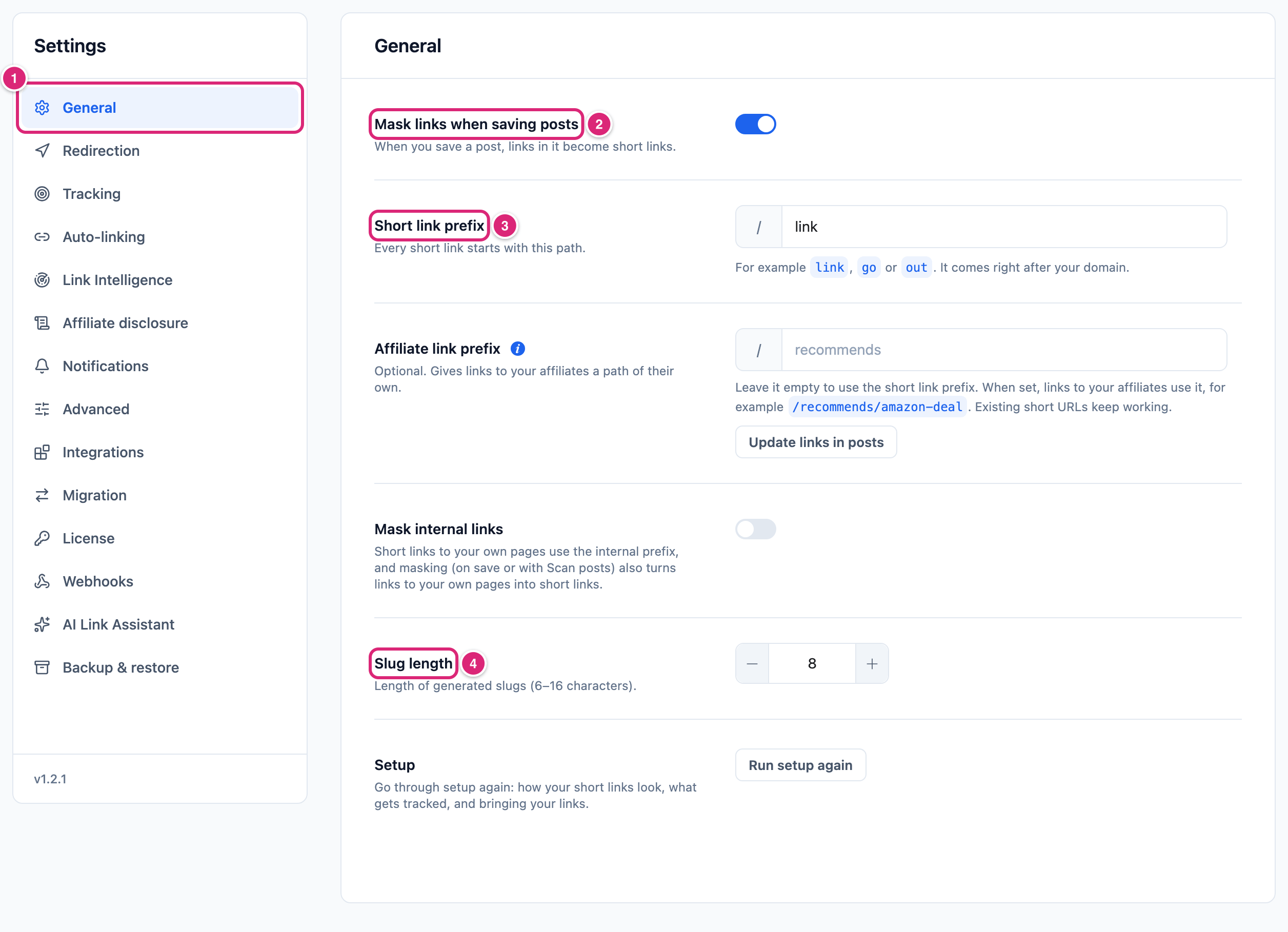 General settings tab with the General tab, Mask links when saving posts, Short link prefix and Slug length marked 1 to 4; the Affiliate link prefix row with its Update links in posts button sits between Short link prefix and Mask internal links