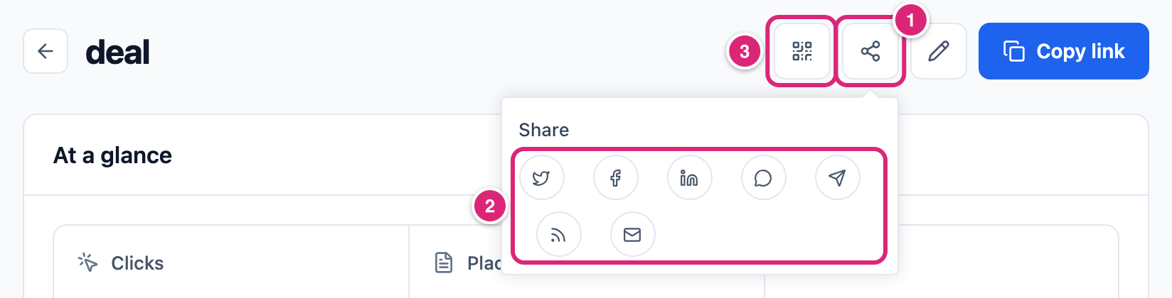 The top of a short link report with the Share panel open, marked: 1 the Share button, 2 the seven network buttons, 3 the QR code button