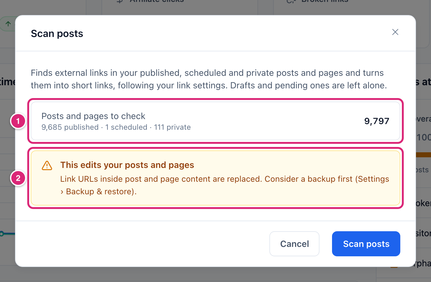 The Scan posts dialog for converting links to short links in WordPress posts, marked: 1 Posts and pages to check with the count by status, 2 the This edits your posts and pages warning