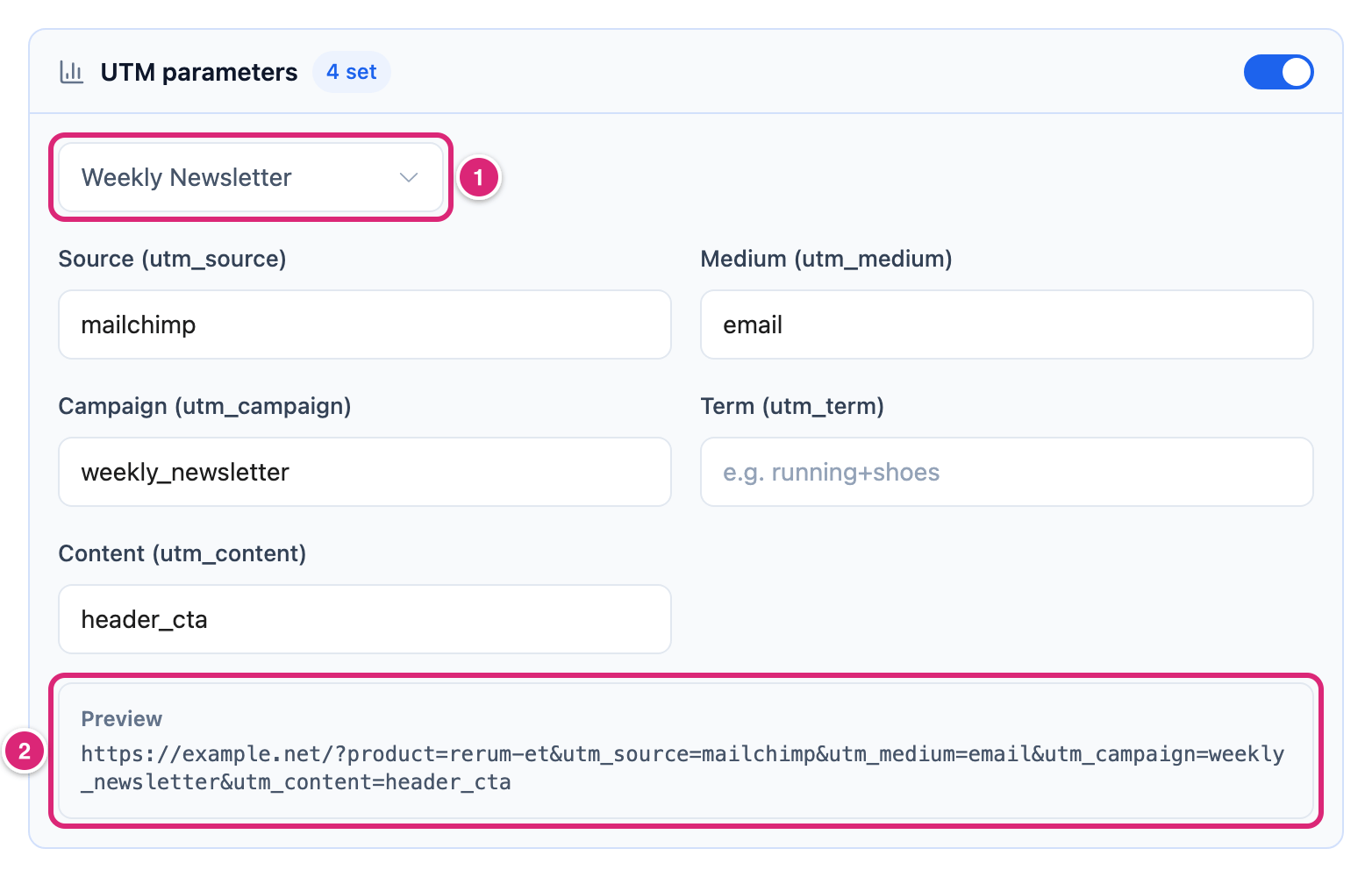 The UTM parameters section of a short link after picking the campaign Weekly Newsletter, marked: 1 Select campaign showing Weekly Newsletter, 2 the Preview of the destination with the source, medium, campaign and content tags