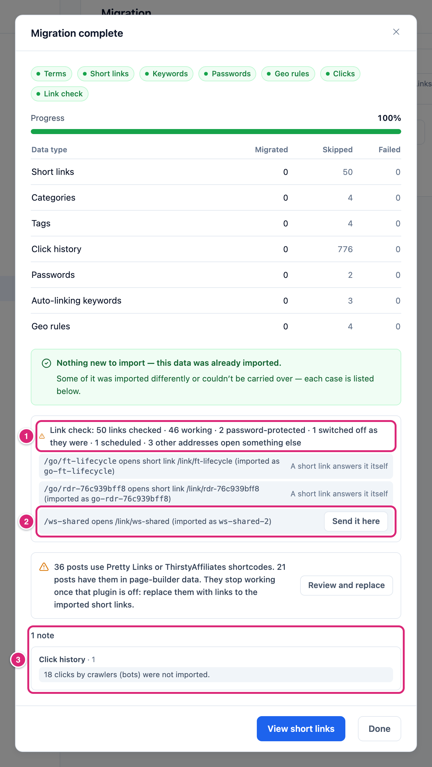 The result of an import that found everything already imported, marked: 1 the Link check line with its counts of working, password-protected, switched off and scheduled links, 2 an old address that opens another link, with its Send it here button, 3 the notes grouped by data type
