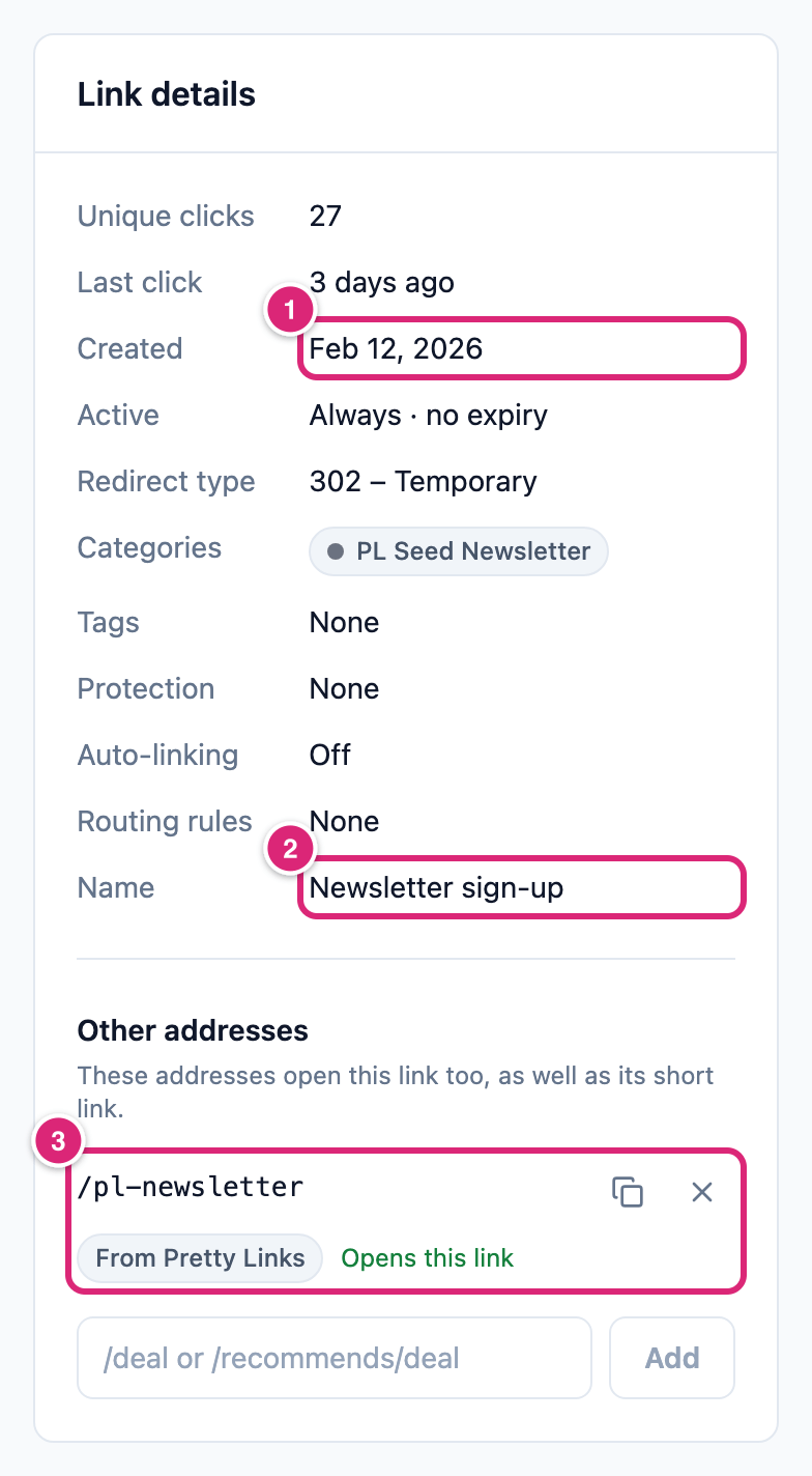 Link details card of a short link imported from Pretty Links, marked: 1 the Created date kept from Pretty Links, 2 the Name kept from Pretty Links, 3 the old address /pl-newsletter with its From Pretty Links badge and the status Opens this link