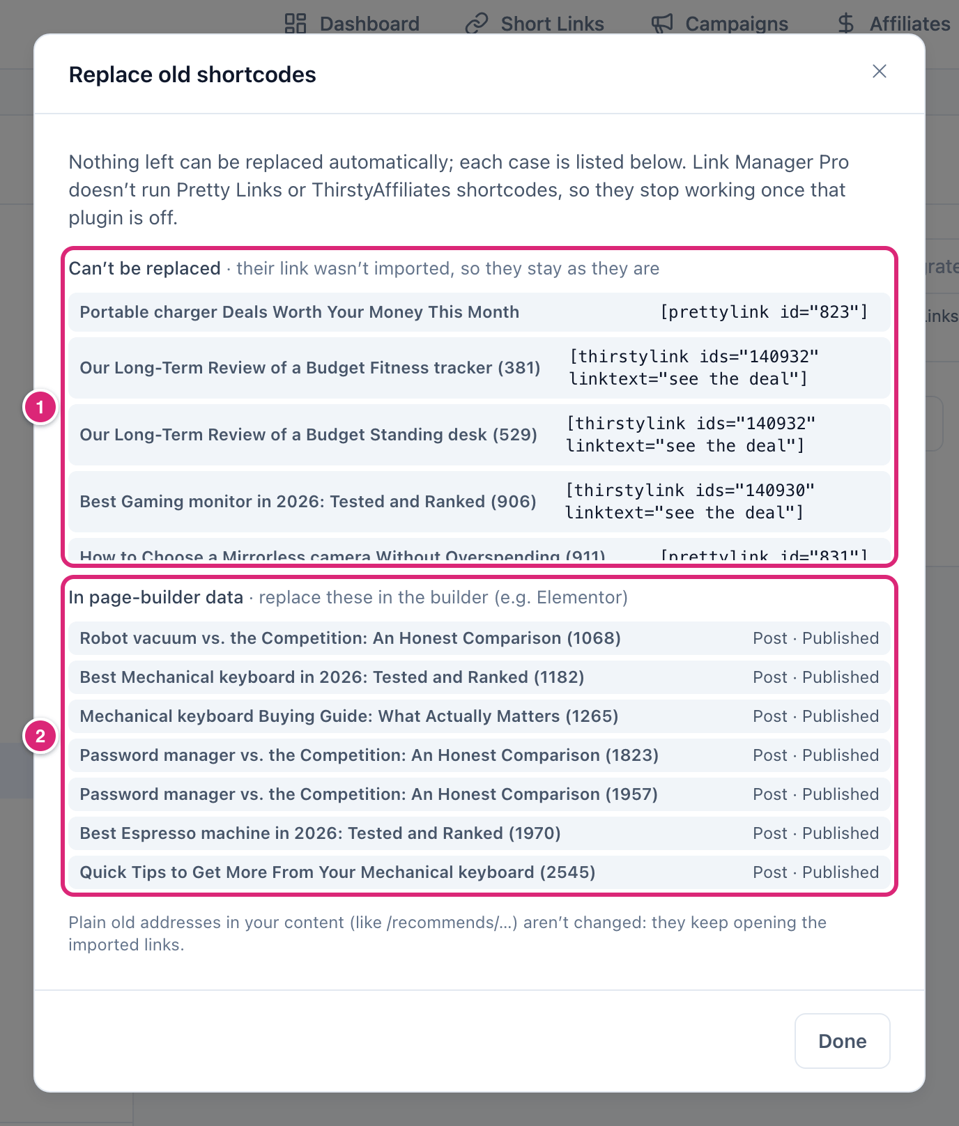 The Replace old shortcodes review dialog, marked: 1 the Can’t be replaced list of posts with prettylink and thirstylink shortcodes whose link wasn’t imported, 2 the In page-builder data list of posts to fix in the builder