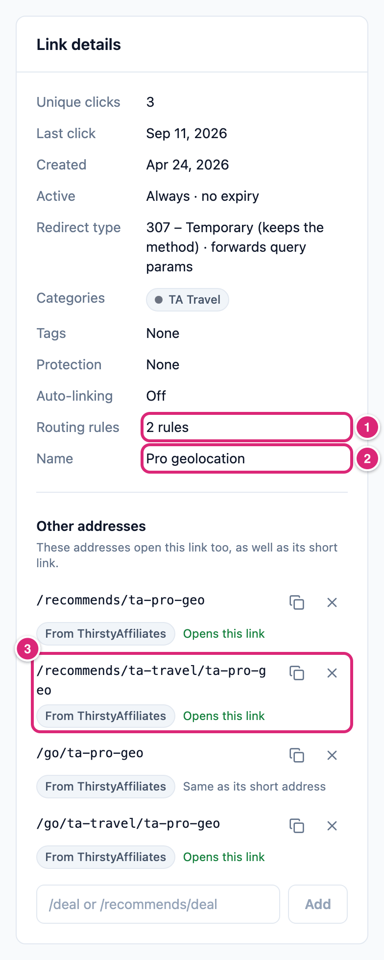Link details card of a short link imported from ThirstyAffiliates, marked: 1 Routing rules with 2 rules made from its country links, 2 the Name kept from its ThirstyAffiliates title, 3 the old category address /recommends/ta-travel/ta-pro-geo with its From ThirstyAffiliates badge and the status Opens this link