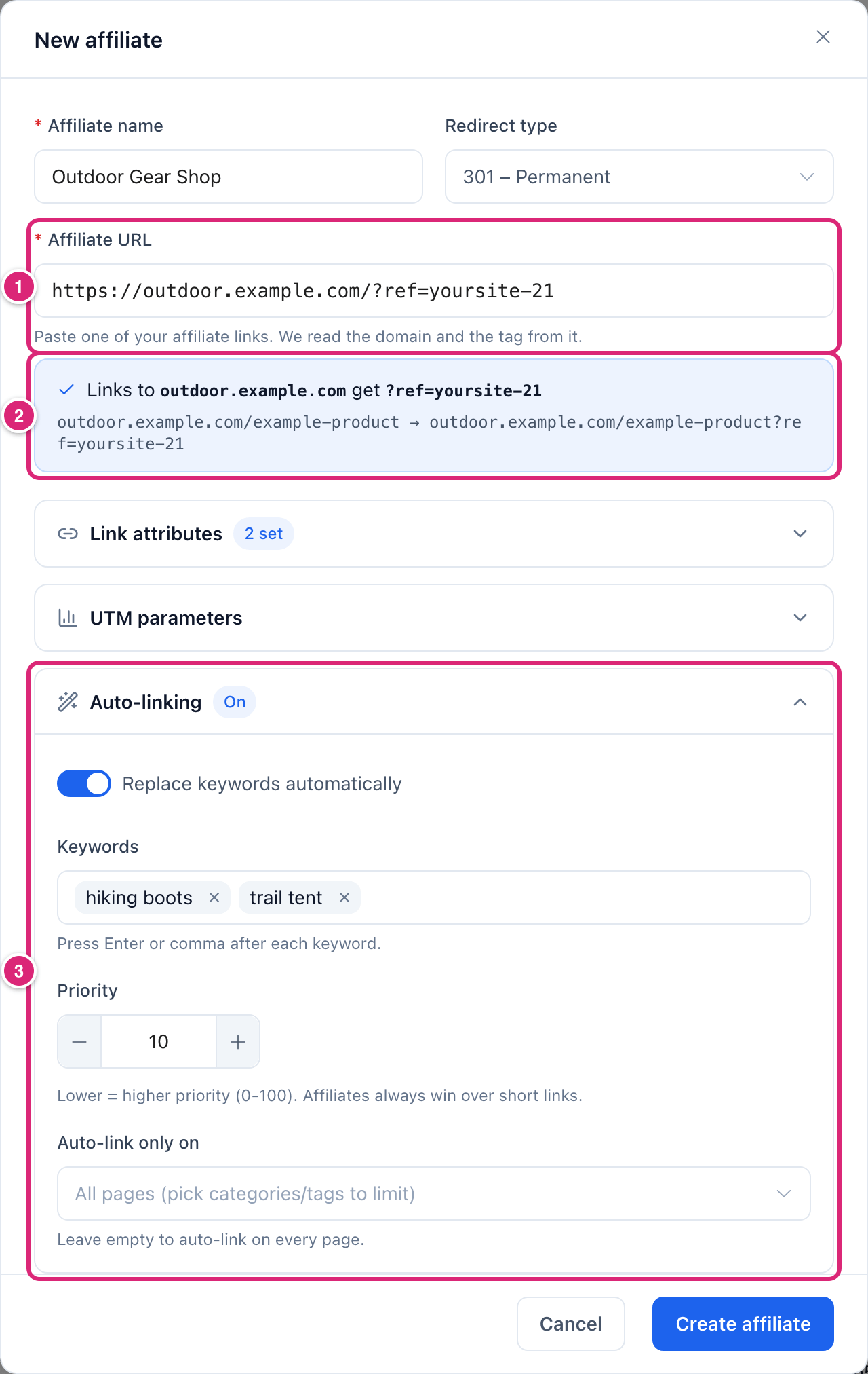The New affiliate dialog with an example partner, marked: 1 the Affiliate URL field, 2 the line saying links to outdoor.example.com get ?ref=yoursite-21, 3 the Auto-linking section switched on with two keywords