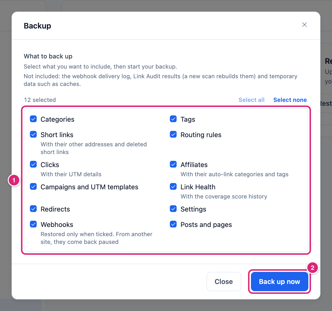 The Backup dialog for backing up short links in WordPress, marked: 1 the What to back up list with every item ticked, 2 the Back up now button