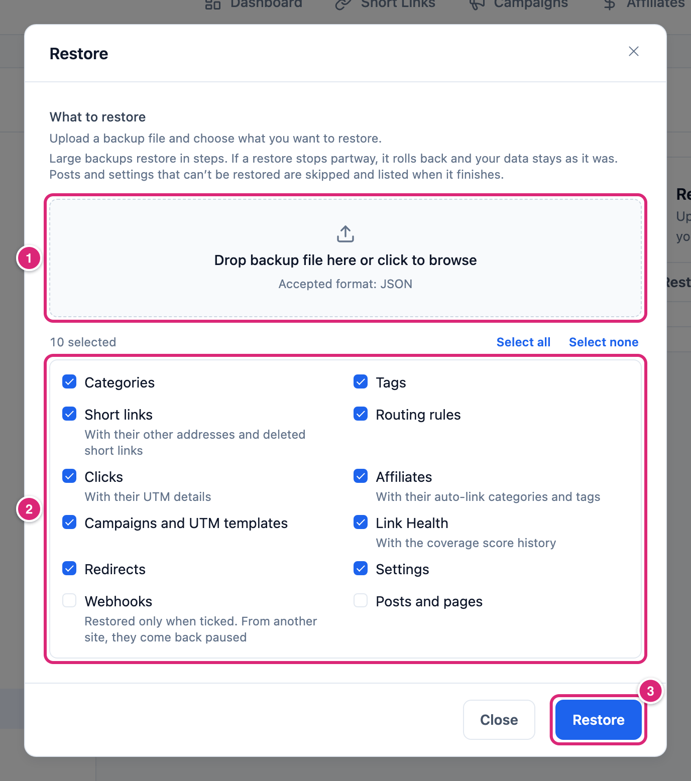 The Restore dialog for a Link Manager Pro backup, marked: 1 the drop zone for the JSON backup file, 2 the What to restore list with Webhooks and Posts and pages unticked, 3 the Restore button