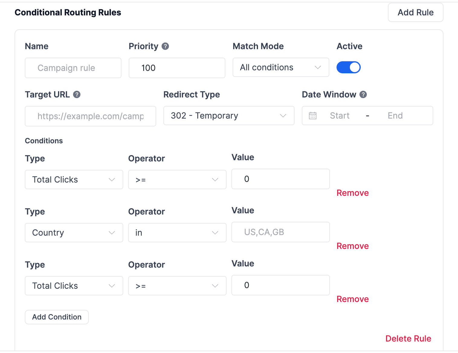 Link Manager Pro conditional routing rule editor with conditions and match modes