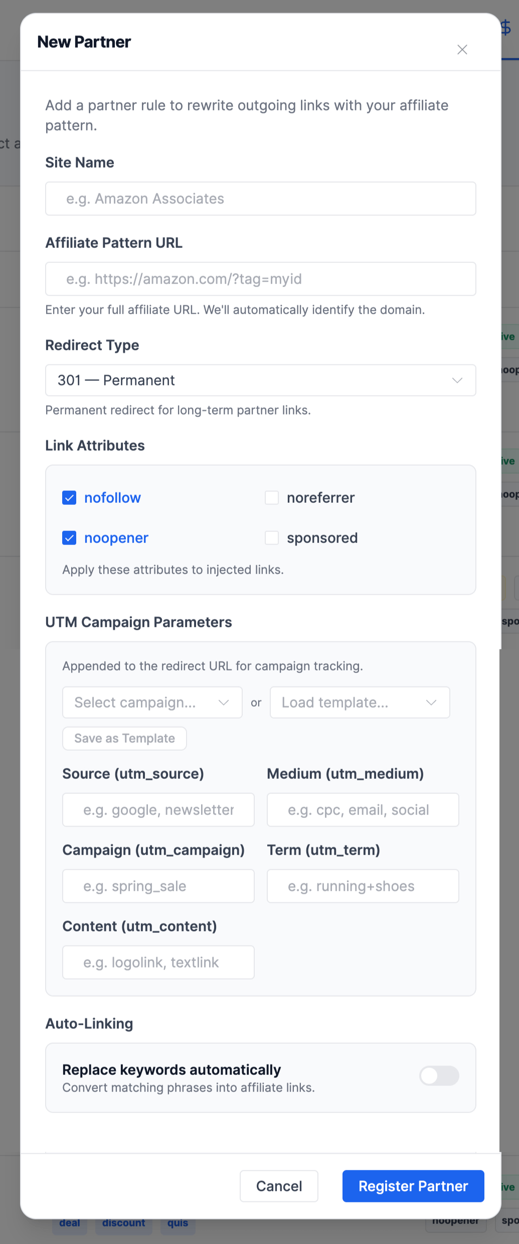 Link Manager Pro affiliate creation form with site name, affiliate link, redirect type, keywords, and UTM fields