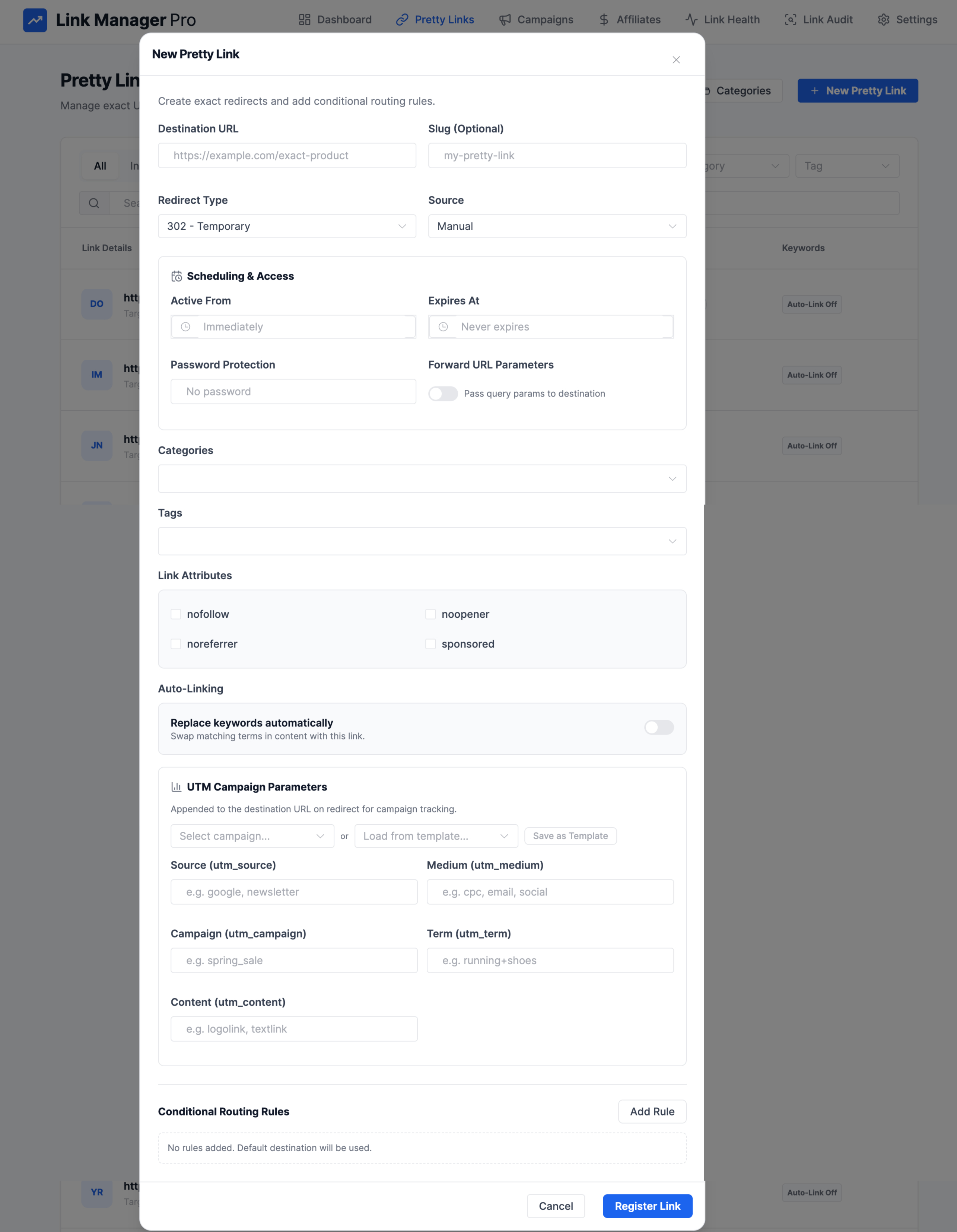 Link Manager Pro link creation form with destination URL, slug, redirect type, and attribute fields