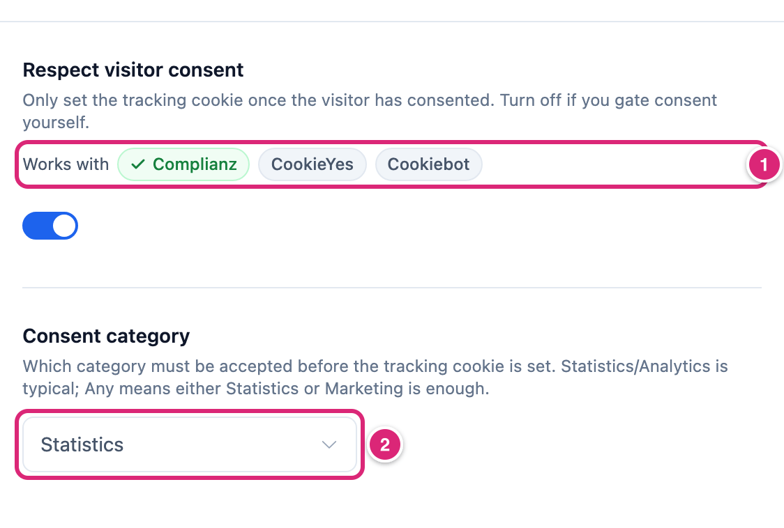 The consent rows on the Integrations tab, marked: 1 Works with, listing Complianz, CookieYes and Cookiebot, with a tick on the one Link Manager Pro reads; 2 the Consent category dropdown set to Statistics