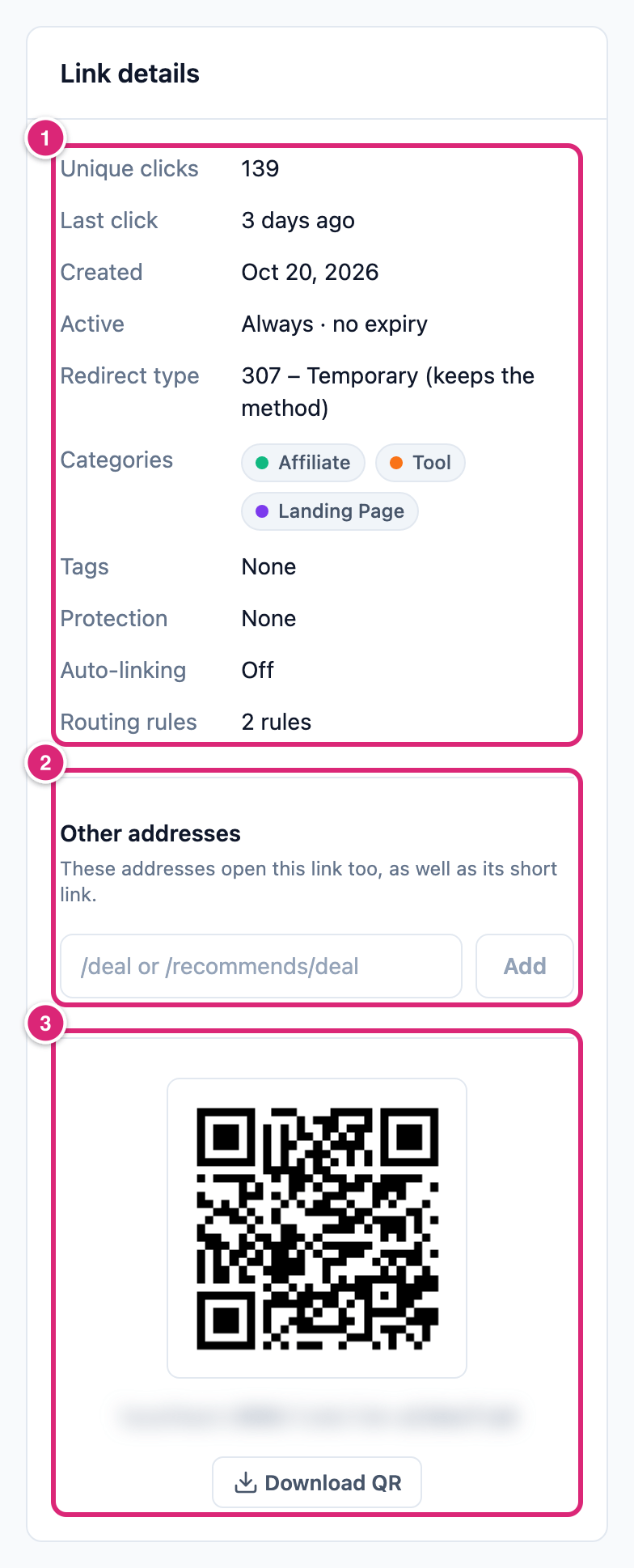 The Link details card, marked: 1 the rows from Unique clicks to Routing rules, 2 the Other addresses box, 3 the QR code with Download QR