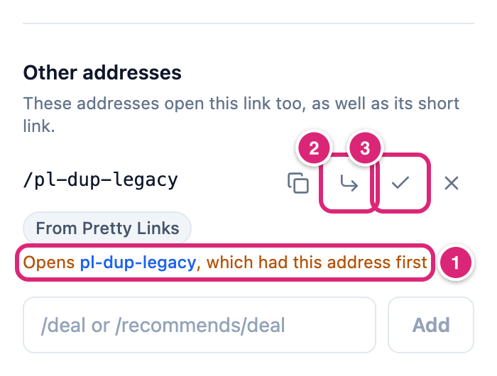 An other address in conflict in a link report, marked: 1 the status Opens pl-dup-legacy, which had this address first, 2 the Send it here button, 3 the Keep the other button