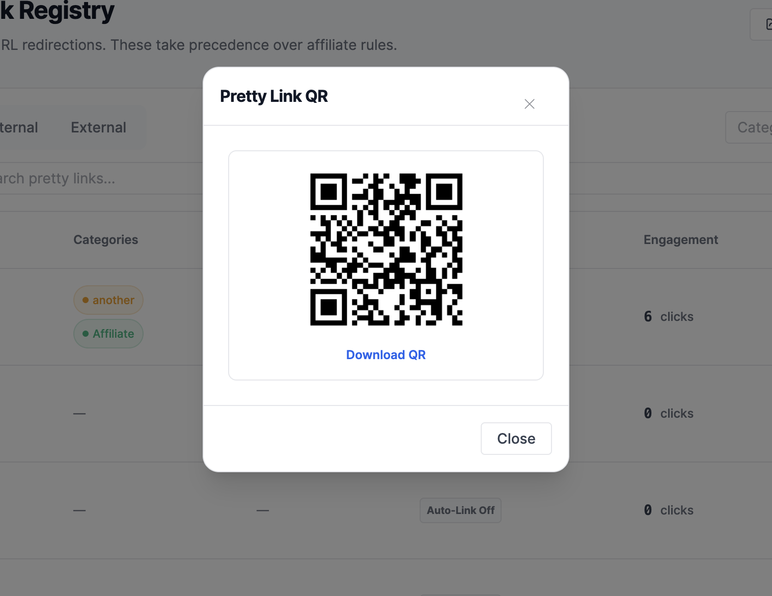 Link Manager Pro QR code dialog for masked redirect link