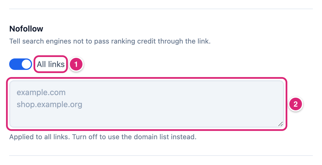 The Nofollow row in Link Manager Pro's Redirection settings with the switch on, marked: 1 All links, 2 the domain list, grayed out
