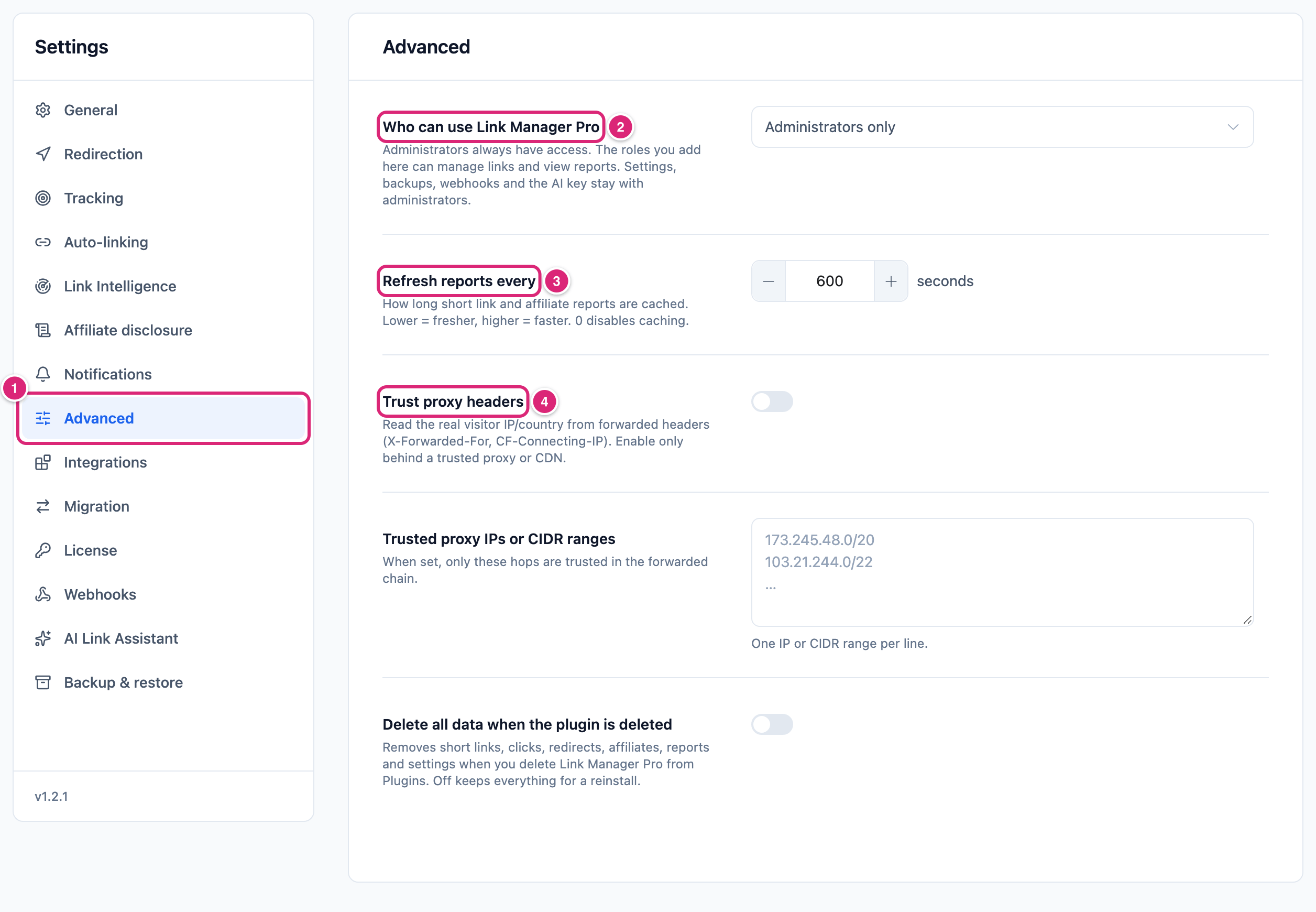 Advanced settings tab with the Advanced tab, Who can use Link Manager Pro, Refresh reports every and Trust proxy headers marked: 1 to 4 in that order