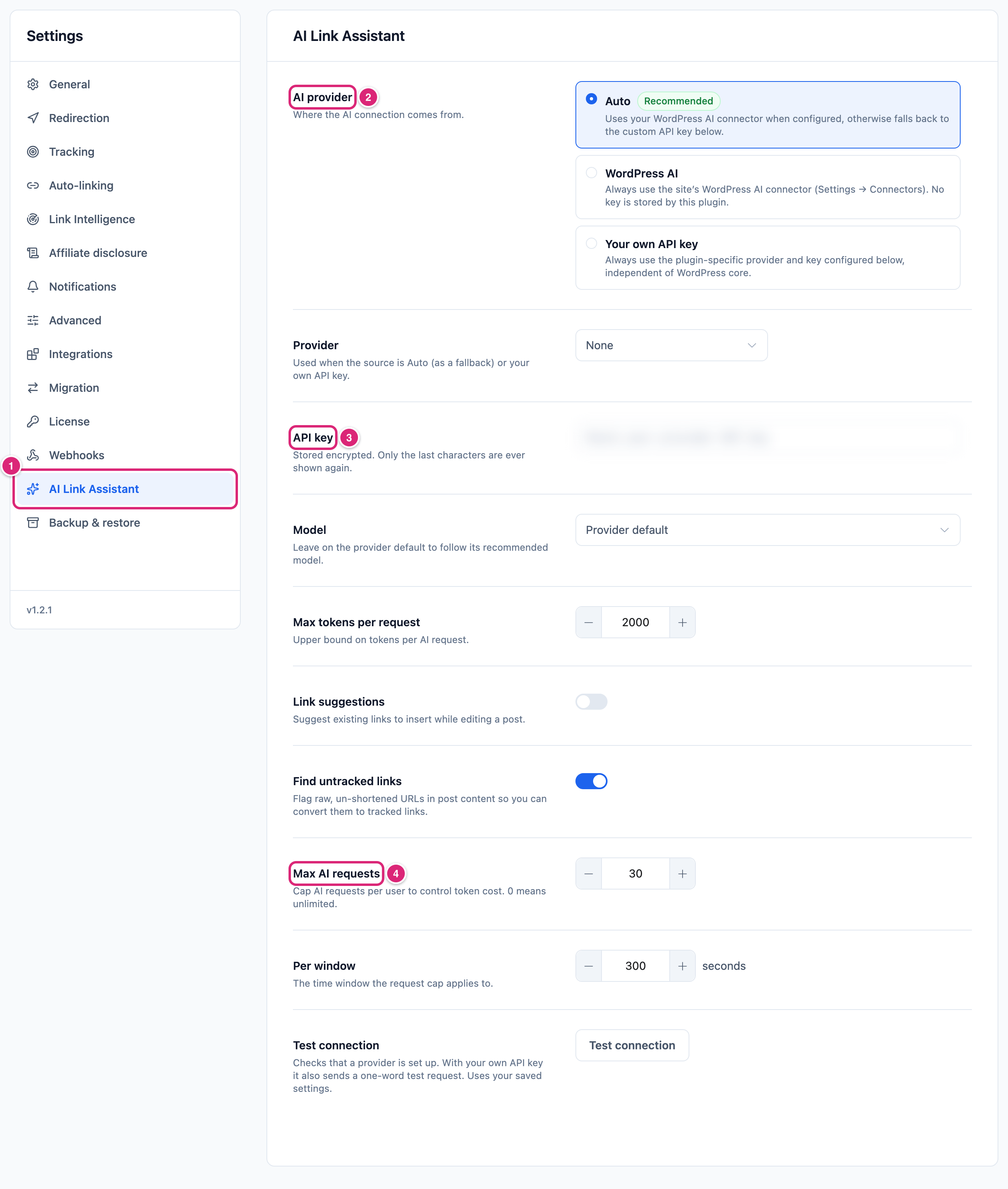 AI Link Assistant settings tab with the AI Link Assistant tab, AI provider, API key (blurred) and Max AI requests marked: 1 to 4 in that order