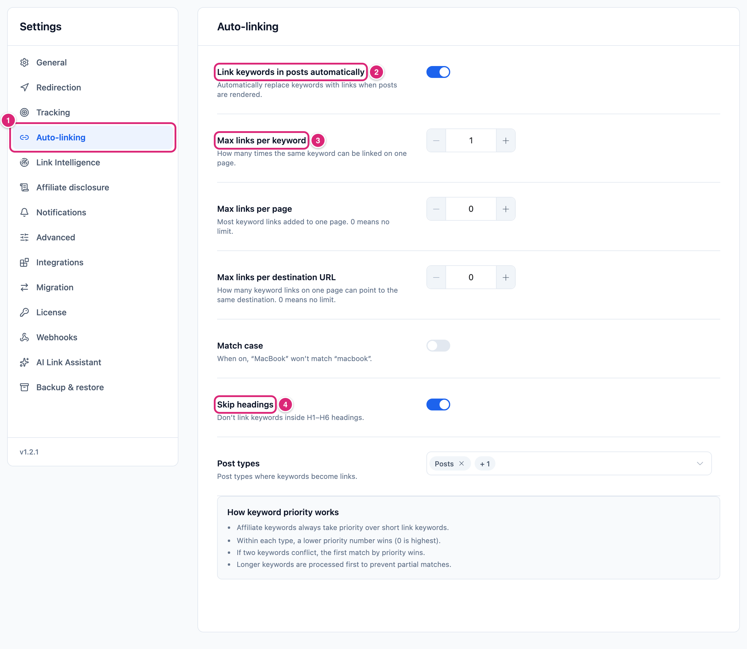Auto-linking settings tab with the Auto-linking tab, Link keywords in posts automatically, Max links per keyword and Skip headings marked: 1 to 4 in that order