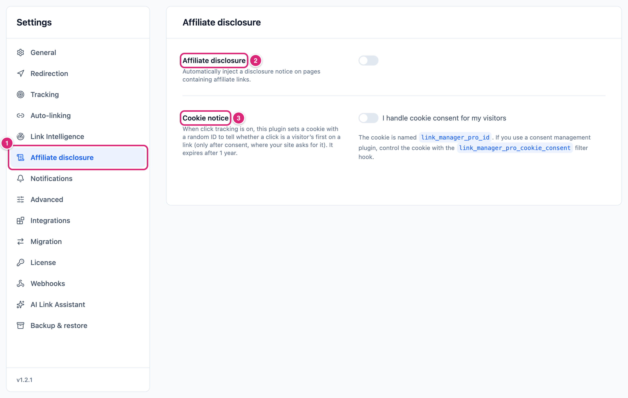 Affiliate disclosure settings tab with the Affiliate disclosure tab, the Affiliate disclosure switch and Cookie notice marked: 1 to 3 in that order