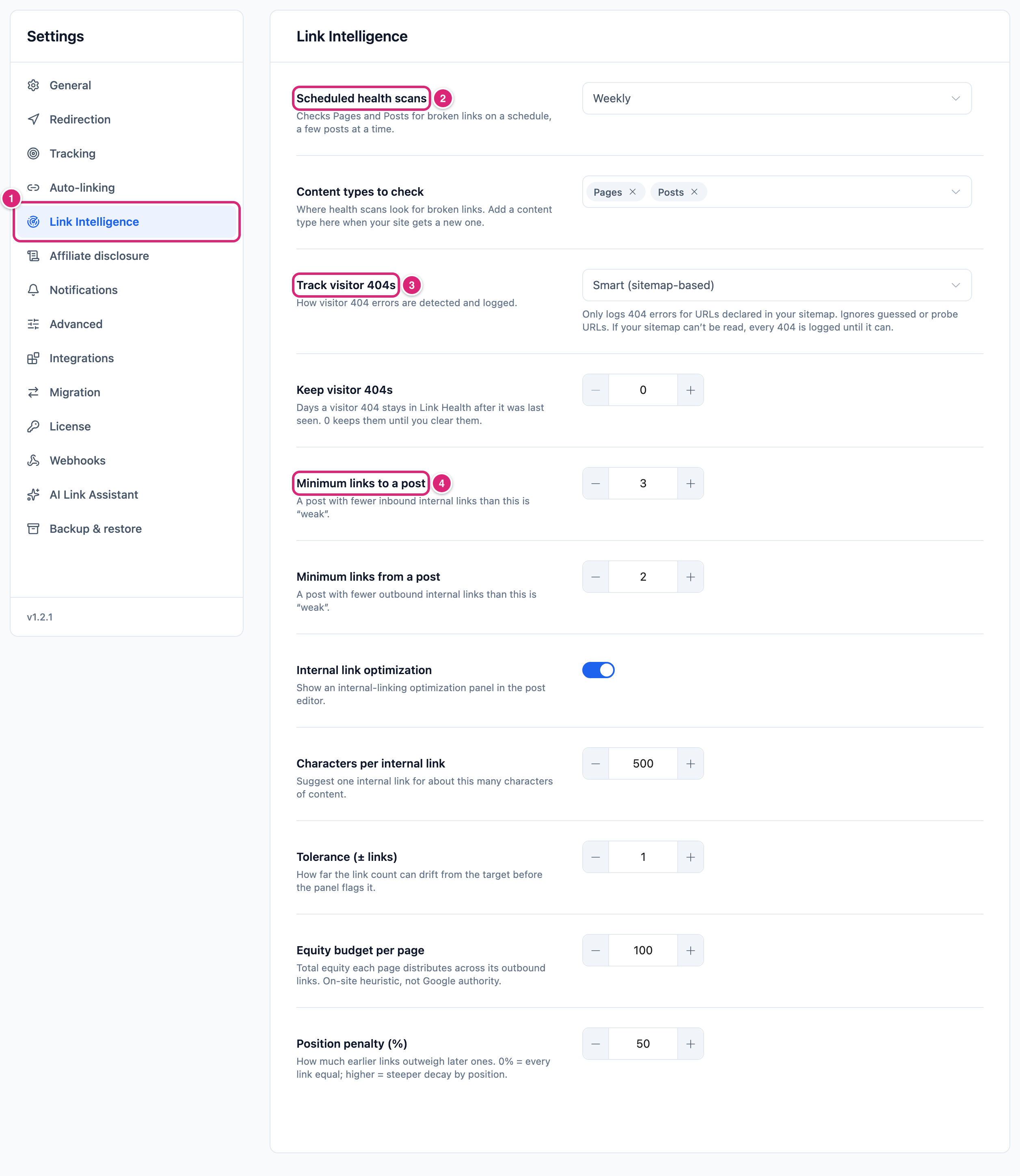 Link Intelligence settings tab with the Link Intelligence tab, Scheduled health scans, Track visitor 404s and Minimum links to a post marked: 1 to 4 in that order
