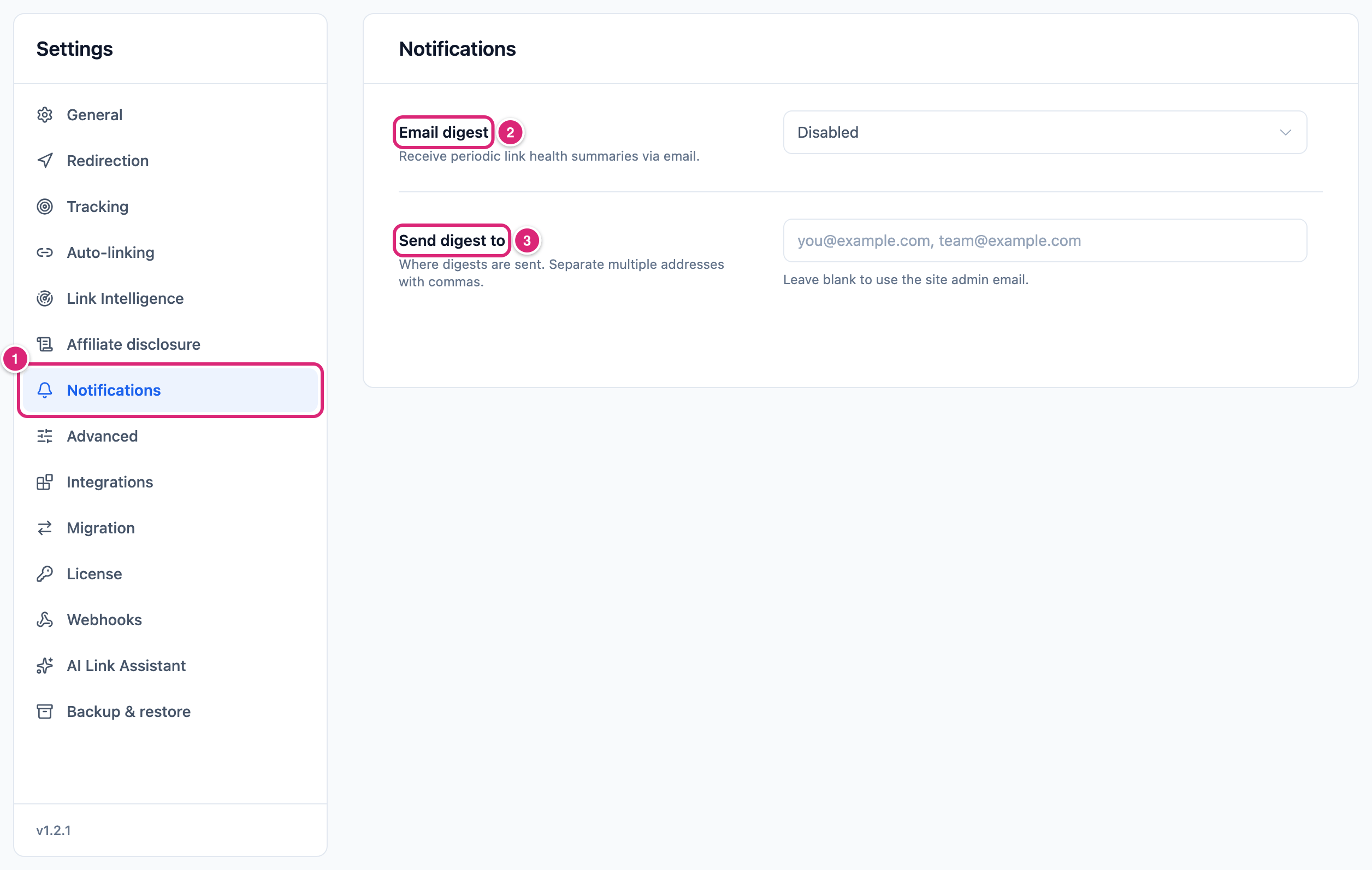 Notifications settings tab with the Notifications tab, Email digest and Send digest to marked: 1 to 3 in that order