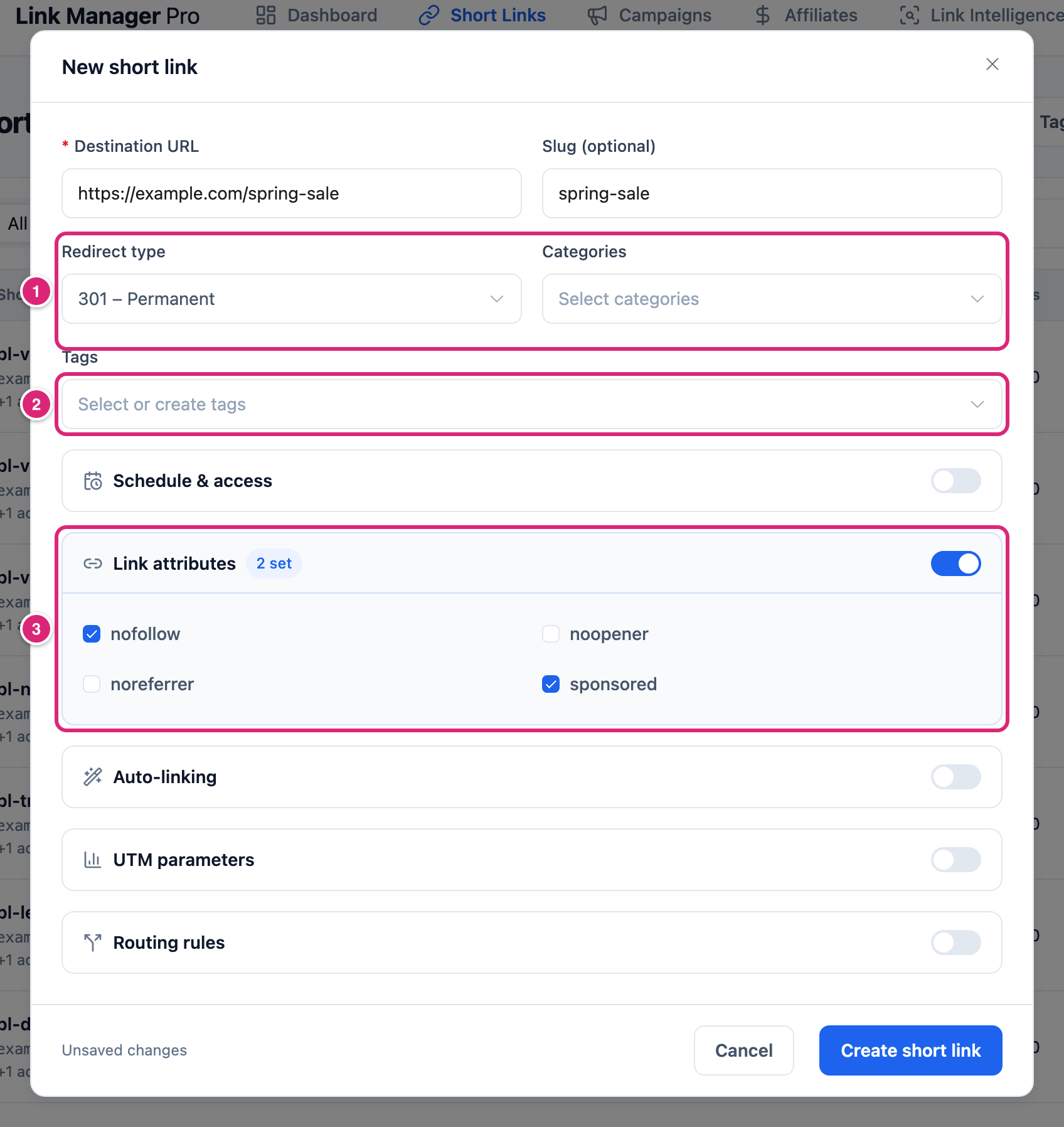 The New short link dialog in WordPress with example short link settings, marked: 1 Redirect type and Categories, 2 Tags, 3 the Link attributes section switched on