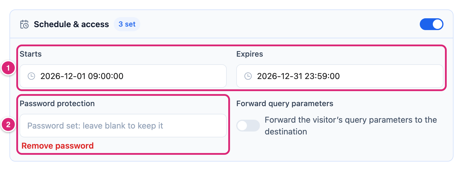 The Schedule and access section of a short link with a start and expiry date filled in and a saved password, marked: 1 Starts and Expires, 2 Password protection with Remove password
