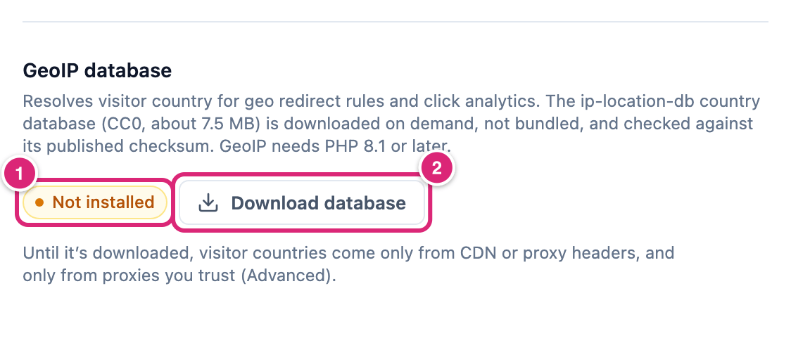 The GeoIP database row on the Tracking tab, marked: 1 the status badge Not installed, 2 the Download database button